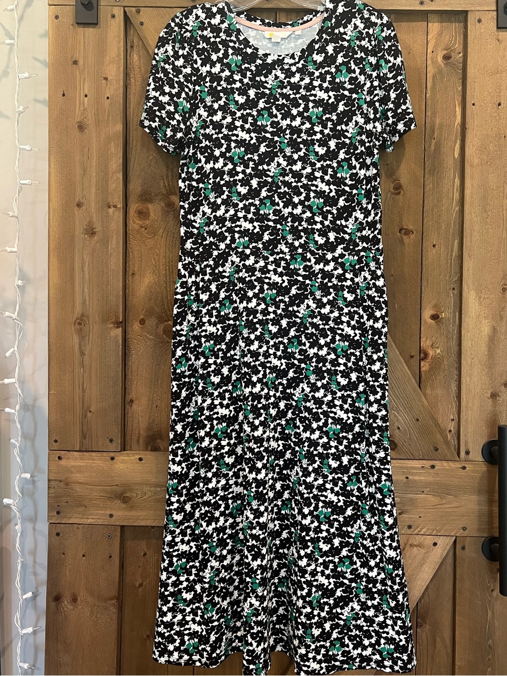Boden Black & White Floral Midi Dress with Green Accents